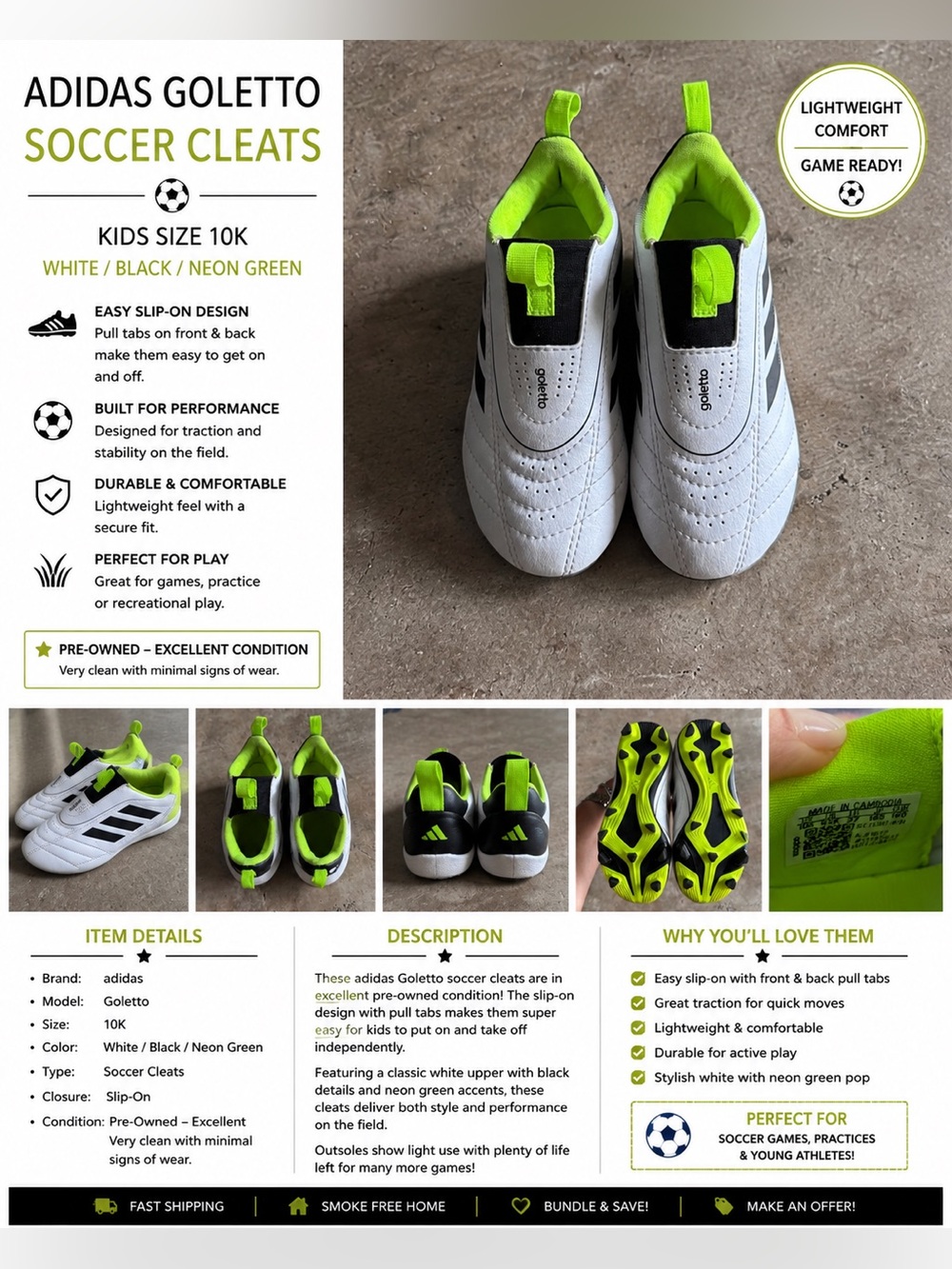Kids Adidas Cleats - White and Neon Green Slip-On